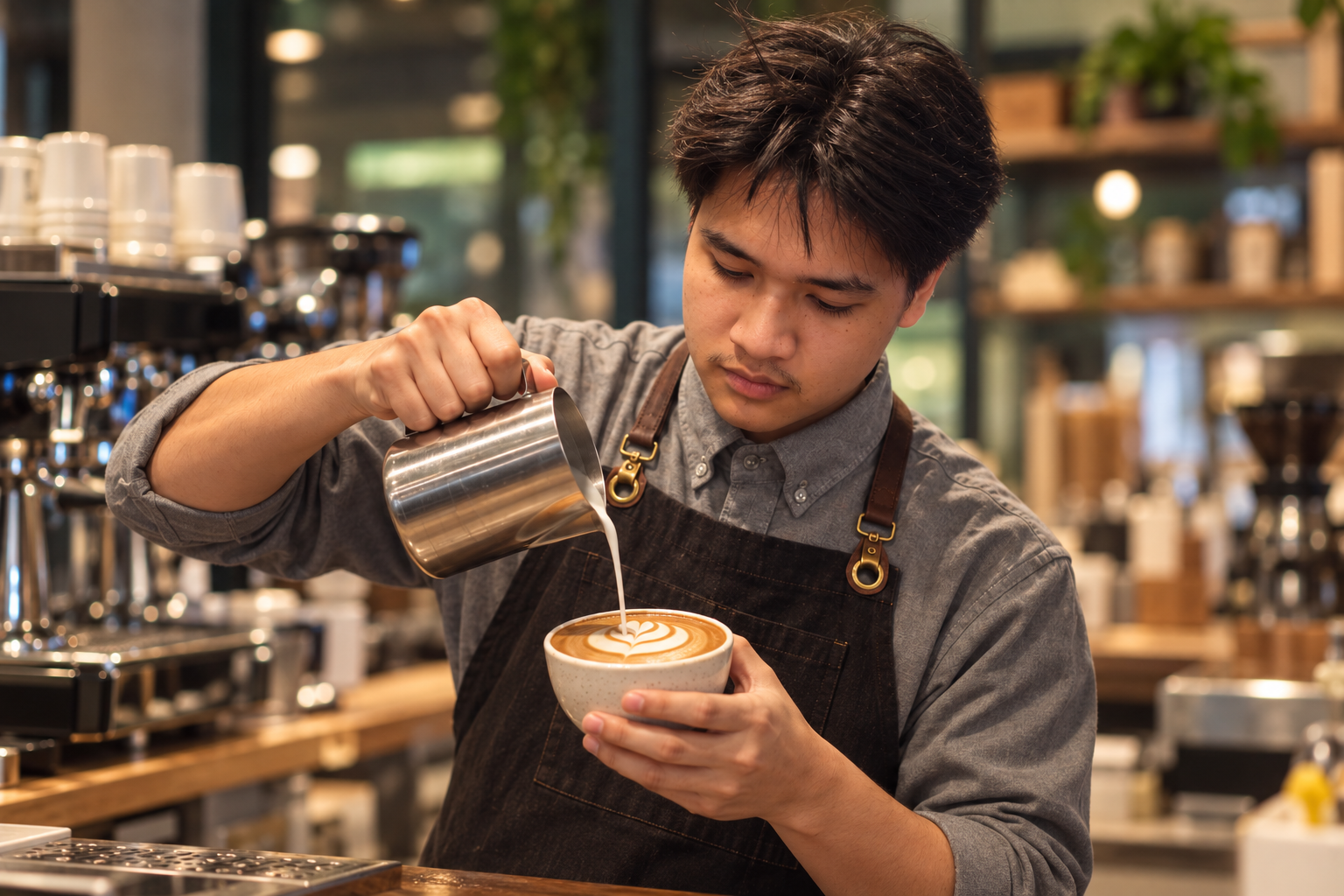 Portrait illustration of Symon pouring milk into a latte